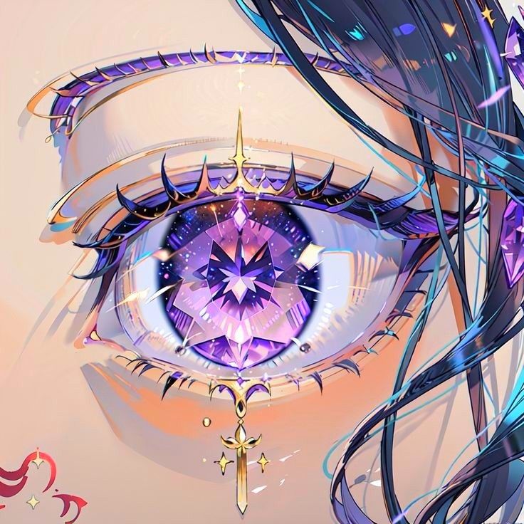 an artistic image of a woman's eye with purple and gold accents on it