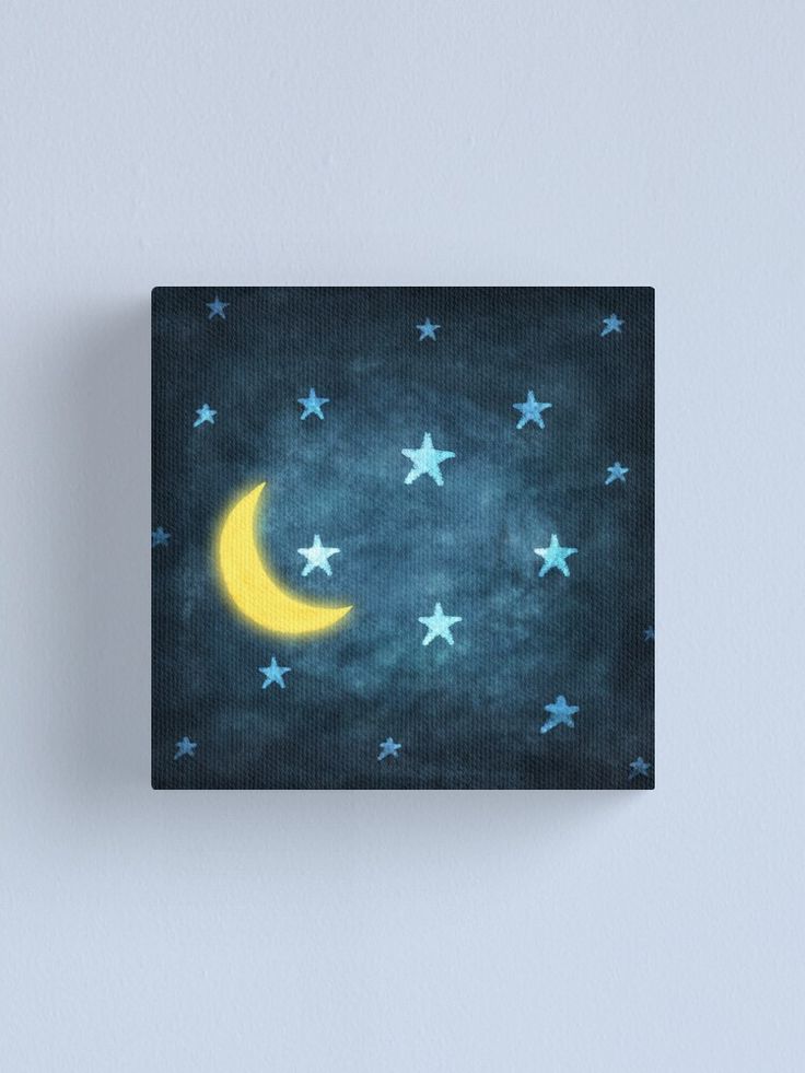 the night sky with stars and moon painted on it in blue canvas mounted wall art print