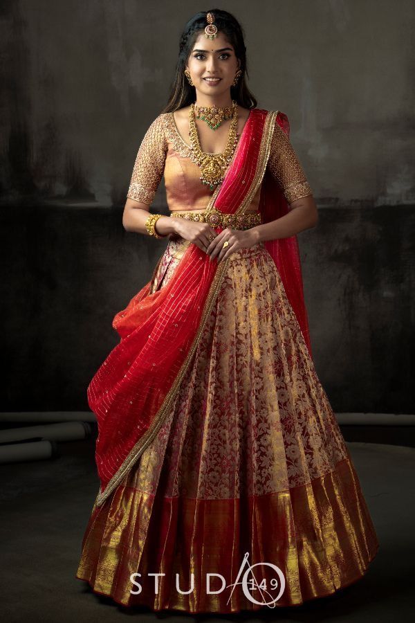 Silk Half Saree Indian Weddings, Kanchipuram Half Saree, Silk Half Saree Designs, Pattu Half Saree Indian Dresses, Gold Half Saree, Pattu Langa Voni Half Saree, Kanchi Pattu Lehenga Half Saree, Pattu Lehenga Half Saree, Bride Choli