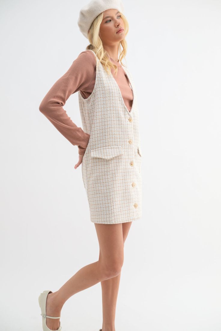 Tweed button up mini dress with functional button front and fun front pockets, not to mention the cutest back pockets as well. 100% Poly Button Up Mini Dress, Tweed Material, Tweed Mini Dress, Frilly Blouse, Short Dress White, Office Workwear, Drape Cardigan, Nursing Dress, Knitted Coat