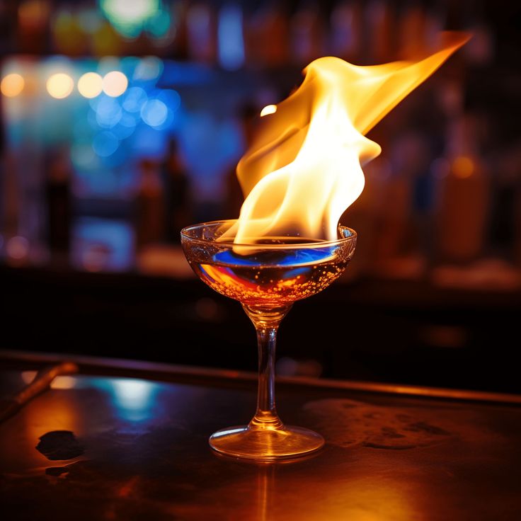 a glass filled with liquid sitting on top of a table next to a fire flame