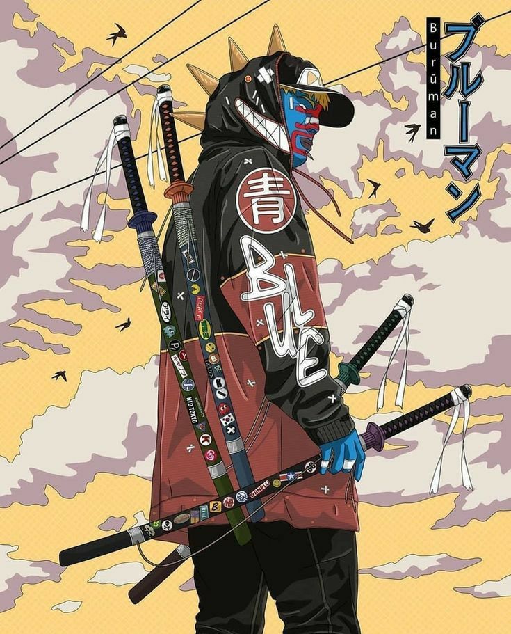 an image of a man with swords in his hand and wearing a black jacket that has japanese writing on it