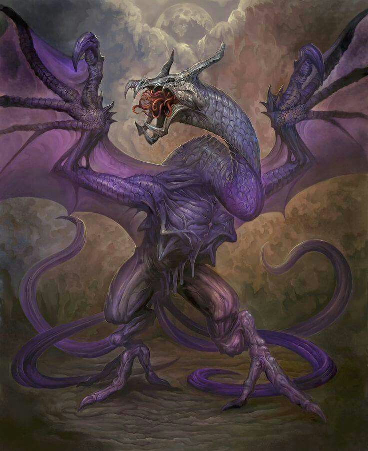 a painting of a purple dragon with its mouth open