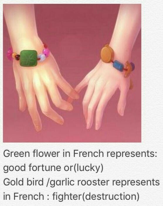 two hands holding each other with different bracelets on their wrists and the words green flower in french represents good fortune lucky gold bird / garlic