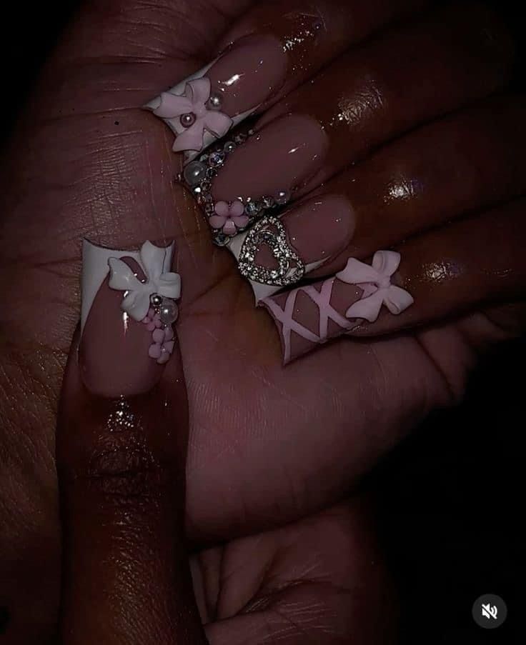 Pink Nail Designs Homecoming, Red Nail Inspo Acrylic, Nails Kaws, Chrome Hearts Nails, Girly Acrylic, Acrylic Nail Set, Hard Nails, 2024 Year, Homecoming Nails Acrylic