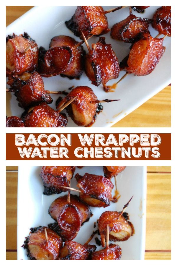 bacon wrapped water chestnuts on a white plate