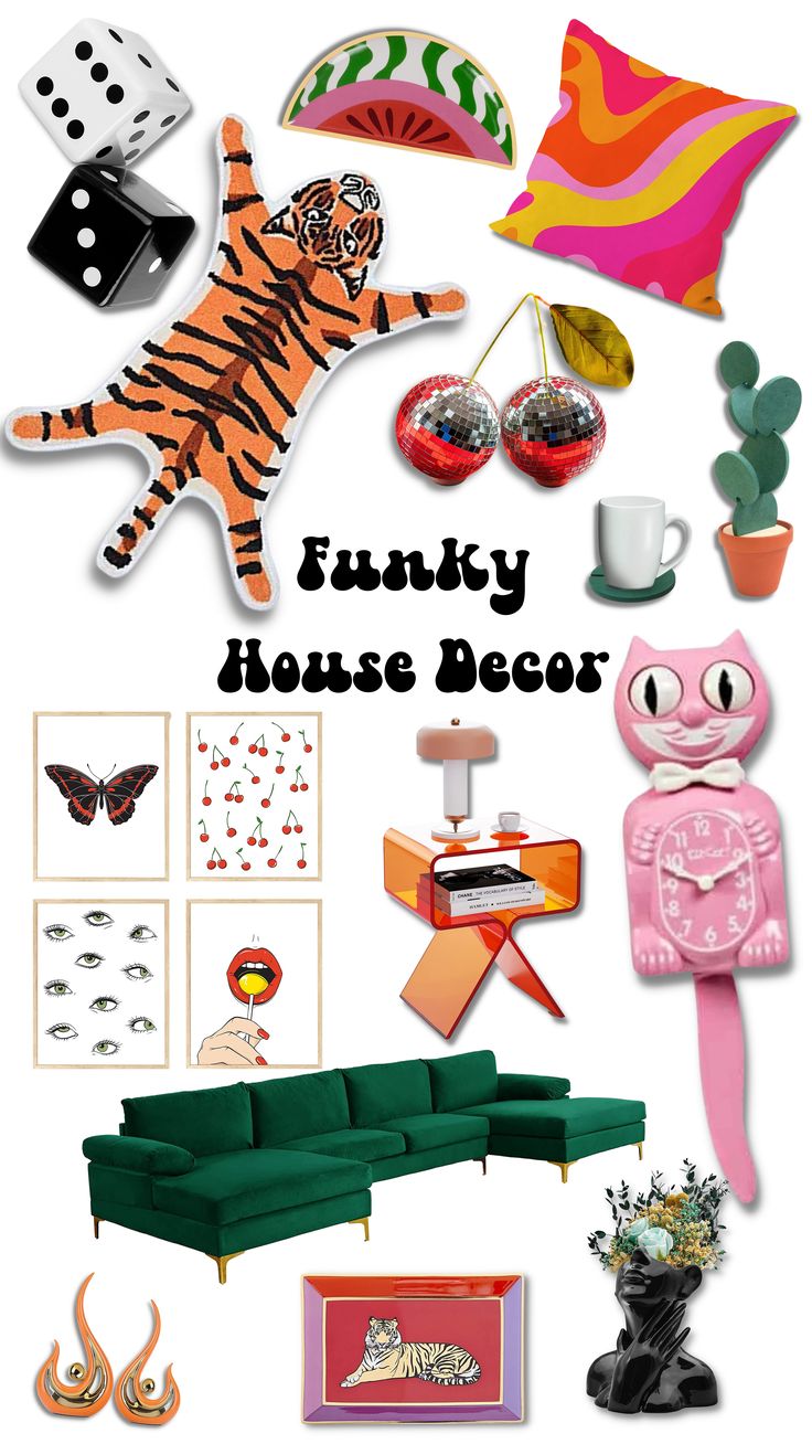 a collage of funky house decor with various items in the shape of animals and cats