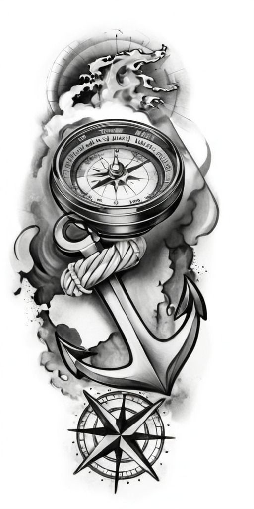 a black and white drawing of an anchor, compass and other things on the side