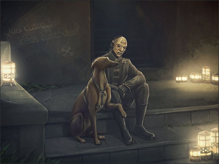 a painting of a man and his dog sitting on the steps with lanterns in the background