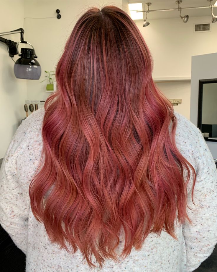 Copper Hair Purple Highlights, Copper With Pink Highlights, Copper To Pink Hair, Pink Hair Over 40 For Women, Rose Ginger Hair, Auburn Pink Hair, Auburn Hair With Pink Highlights, Dark Peach Hair Color, Pink And Copper Hair