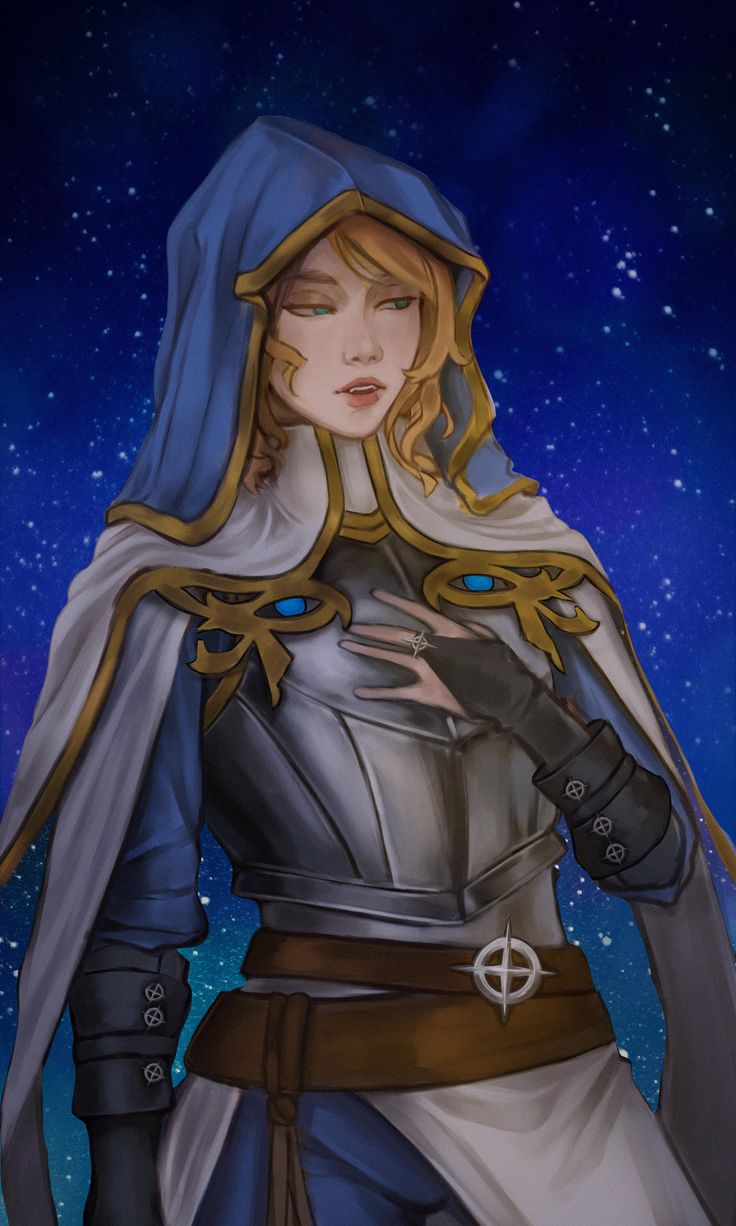 a painting of a woman dressed in armor and holding her hands on her chest, with stars in the background