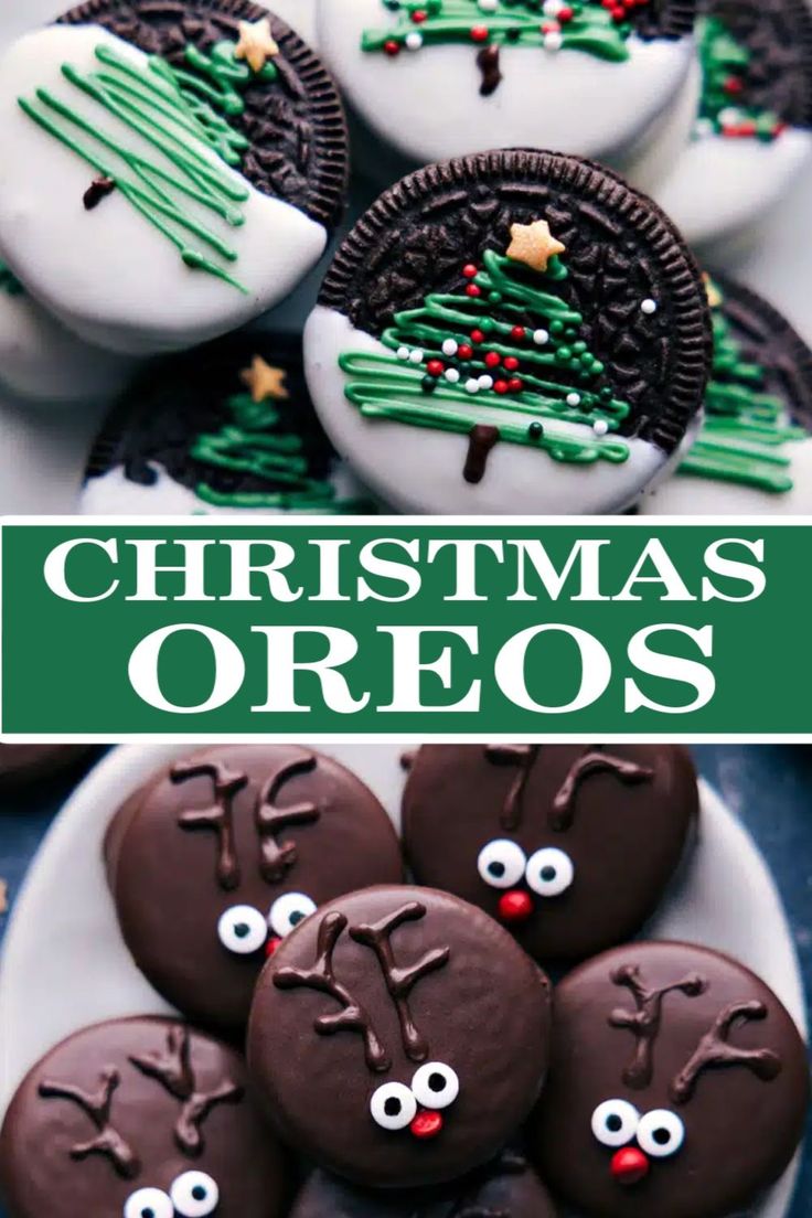 christmas oreos with chocolate frosting and decorated cookies on a white plate in front of them