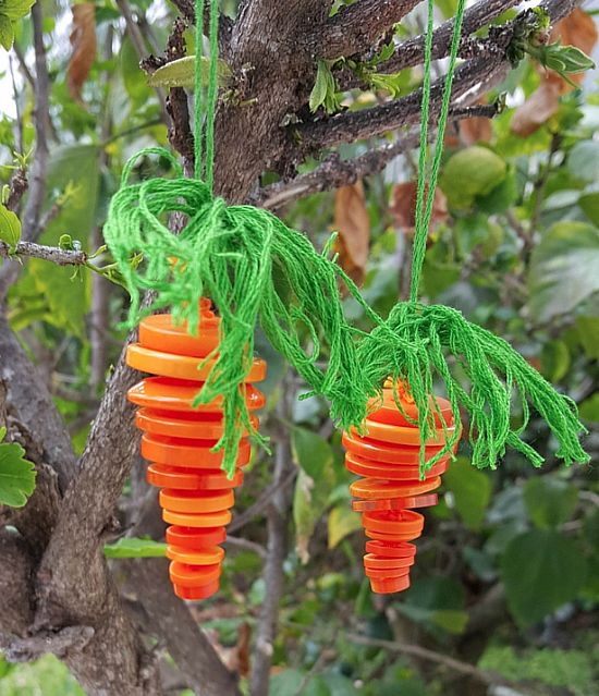 two orange carrots hanging from a tree branch with green string attached to the branches