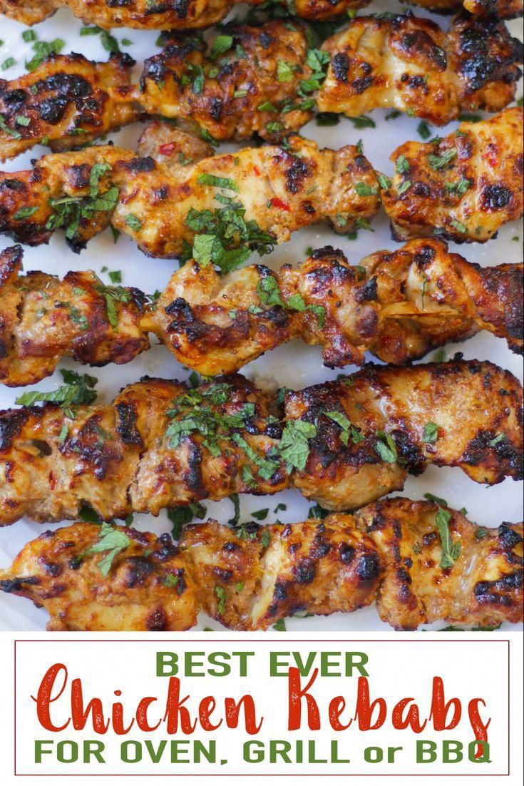 chicken kebabs on a white plate with the words best ever chicken kebabs for oven grill or bbq