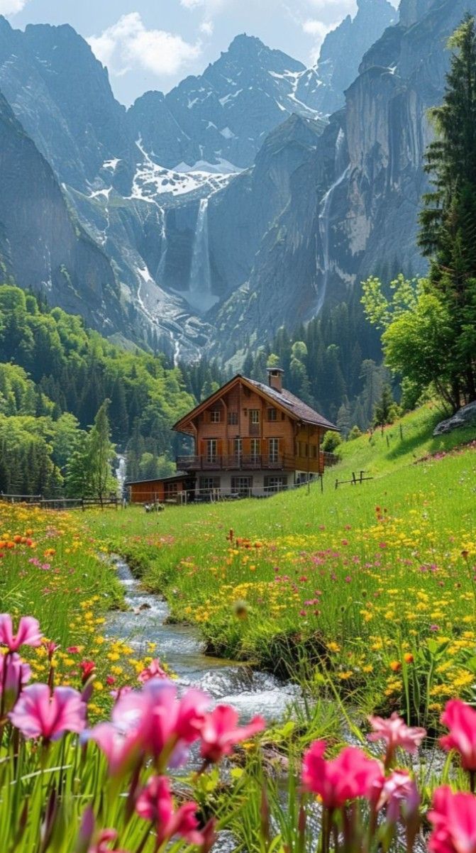 a house in the mountains surrounded by wildflowers and water flowing down it's side