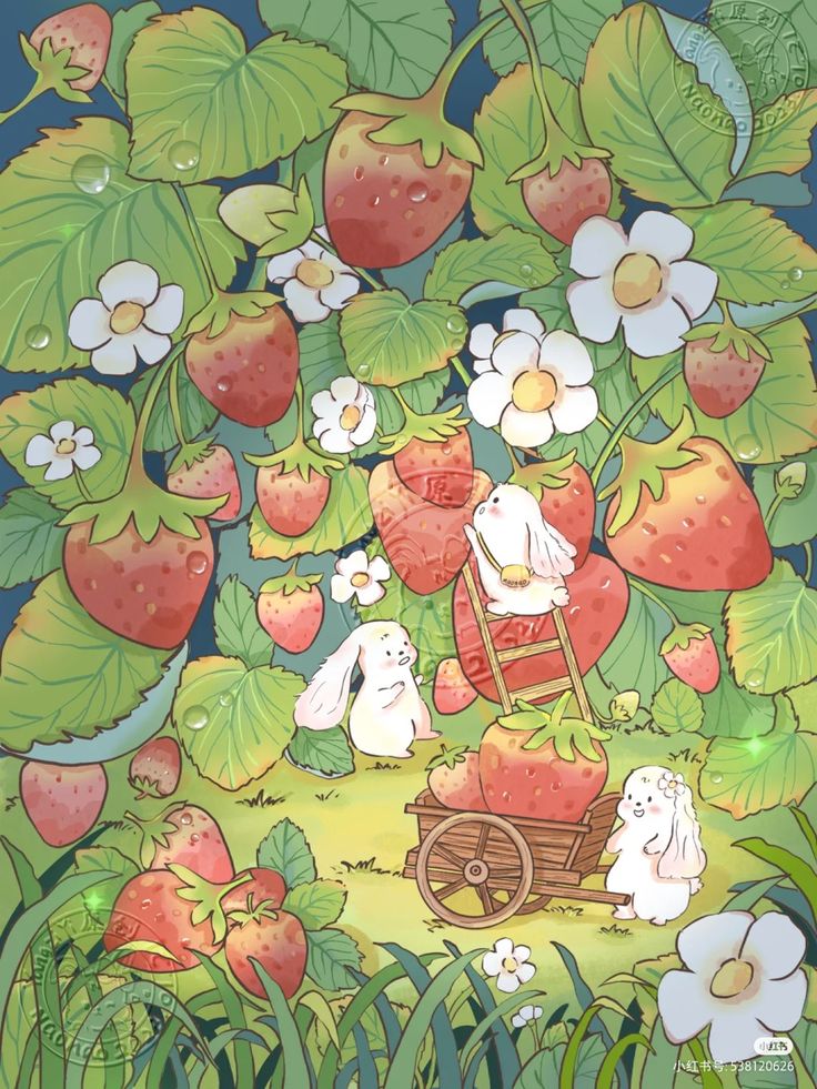 a painting of strawberries and rabbits in the grass