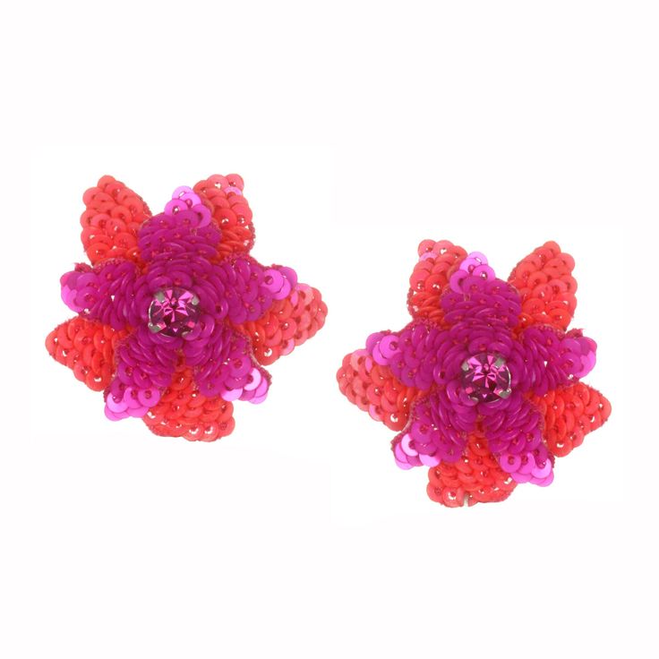 Flower button earrings made of layers of sequin-covered petals with pronged stones at center. Earrings measure about 1-1/4” long x 1-1/2” wide. Posts are made of sterling silver and are backed in leather. Extremely lightweight. Pink Handmade Flower Earrings For Party, Pink Petal Earrings For Party, Party Earrings With Pink 3d Flowers, Pink 3d Flower Earrings For Party, Party Earrings With 3d Pink Flowers, Flower Cluster Earrings For Party, Party Pink Earrings With 3d Flowers, Rose Red Flower Earrings For Party, Rose Red Flower Shaped Earrings For Party