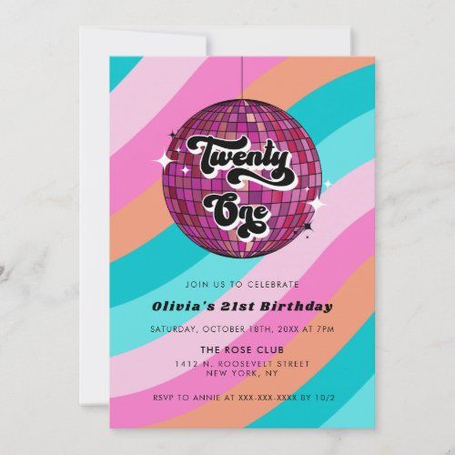 a disco ball birthday party card with the words,'twenty one'on it