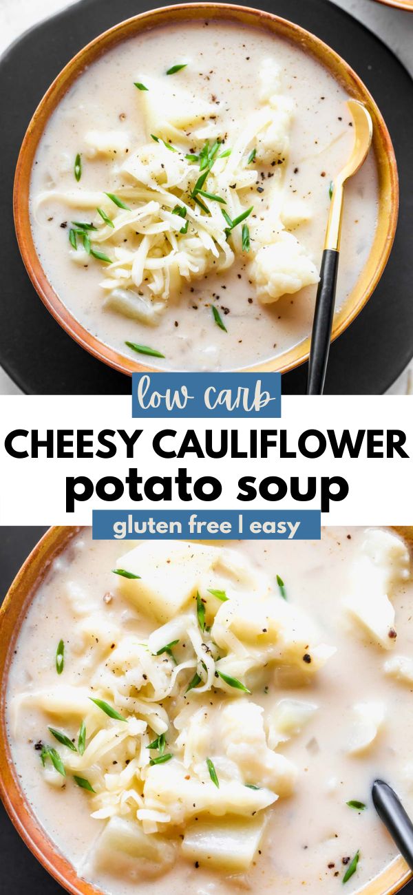 two bowls filled with cheesy cauliflower potato soup