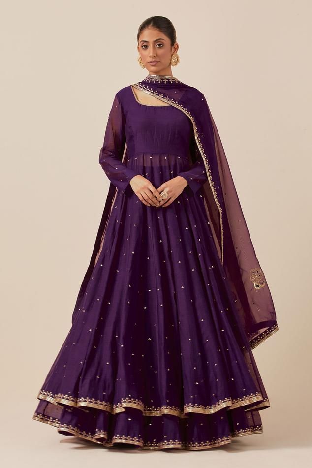 Purple anarkali with sequin hand embroidery and gathered detail. Paired with attached can can skirt and embroidered dupatta.
Components: 3
Pattern: Embroidered
Type Of Work: Sequin
Neckline: Scoop
Sleeve Type: Sheer
Fabric: Chanderi
Color: Purple
Other Details: 
Weight: 3 kgs
Length:
Anarkali: 55 inches
Skirt: 45 inches
Model is wearing size S
Occasion: Sangeet - Aza Fashions Anarkali Skirt, Anarkali Designs, Anarkali Dress Pattern, Pakistani Wedding Outfits, Dress Design Patterns, Violet Color, Simple Pakistani Dresses, Designer Party Wear Dresses, Designer Dresses Casual