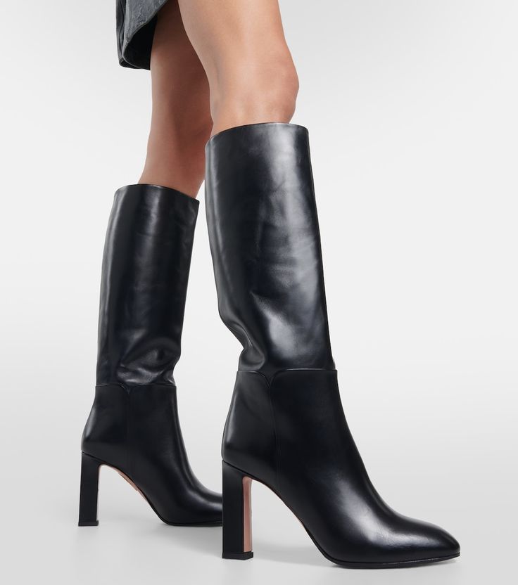 Sellier 85 Knee High Boots in Black - Aquazzura | Mytheresa Wide Calf Mid-calf Boots For Formal Occasions, Tall Leather Heeled Boots With Reinforced Heel, Luxury Black Mid-calf Boots, Leather Knee-high Boots With Pointed Toe, Sleek Leather-lined Knee-high Boots For Fall, Wide Calf Calf Leather Knee-high Boots For Fall, Sleek Knee-high Boots With Leather Lining For Fall, Fall Wide Calf Knee-high Boots In Calf Leather, Fall Wide Calf Knee-high Calf Leather Boots