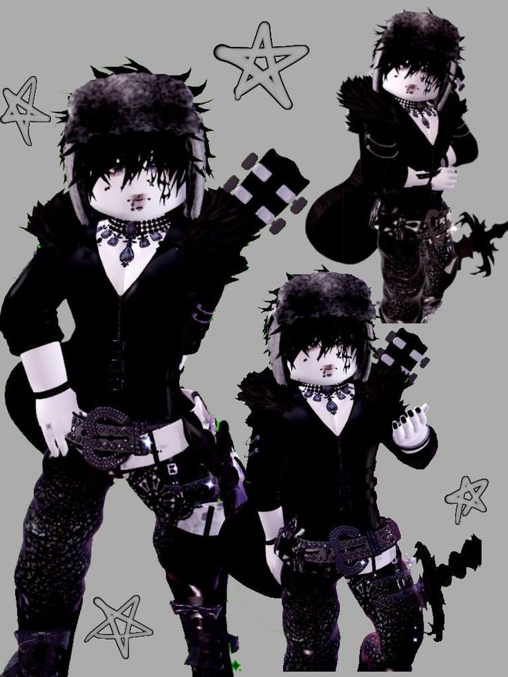 three anime characters dressed up in black and white outfits with stars on the wall behind them