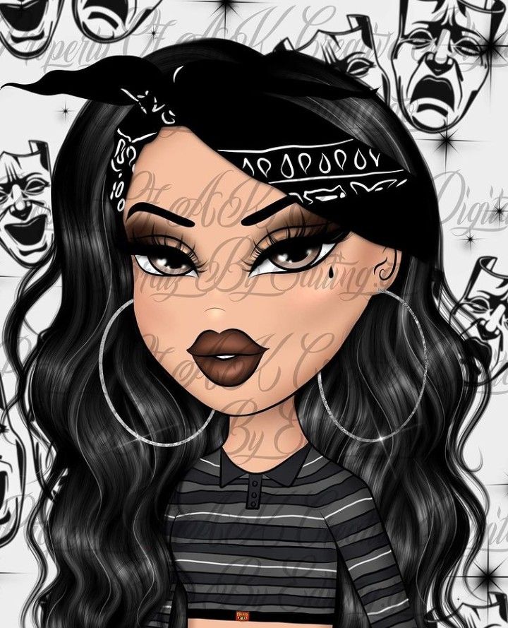 a drawing of a girl with black hair wearing a striped shirt and some masks behind her