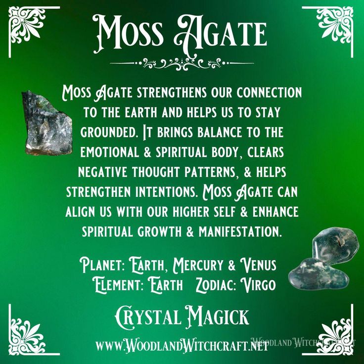 a green poster with the words moss agate and crystal magick written below it