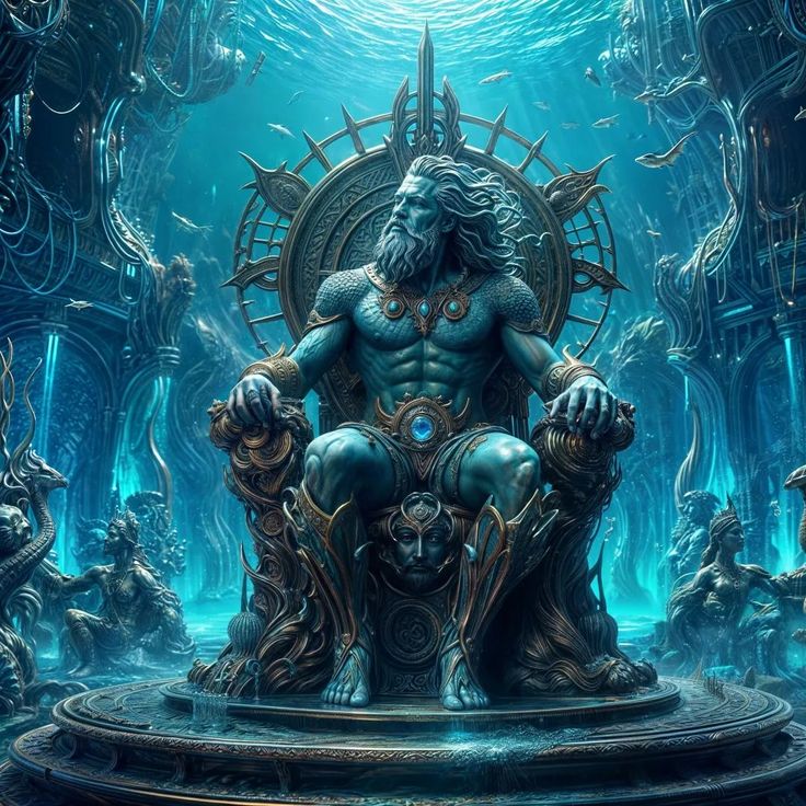 a man sitting on top of a chair in front of a giant blue ocean creature