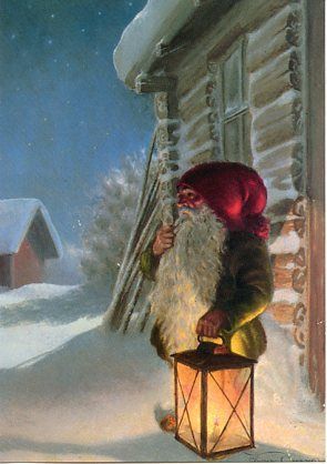 a painting of a santa holding a lantern in the snow