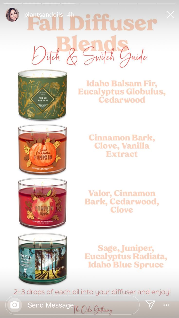 Bath And Body Work Diffuser Blends, Bath And Body Works Candles To Essential Oils, Fall Candle Essential Oil Blends, Essential Oil Candle Swaps, Bath And Body Works Candle Diffuser Blends, Essential Oil Blends That Smell Like Bath And Body Works, Bath And Body Works Recipes, Essential Oils Bath And Body Works, Essential Oil Candle Swap