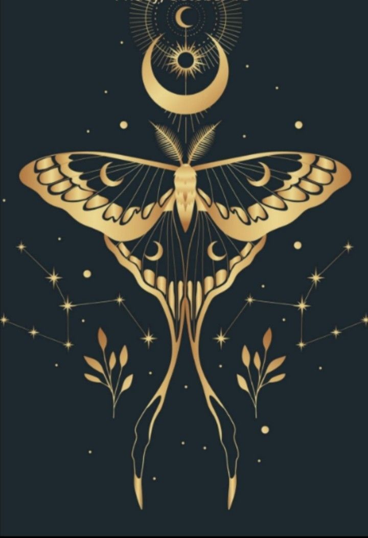 a butterfly with the moon and stars above it