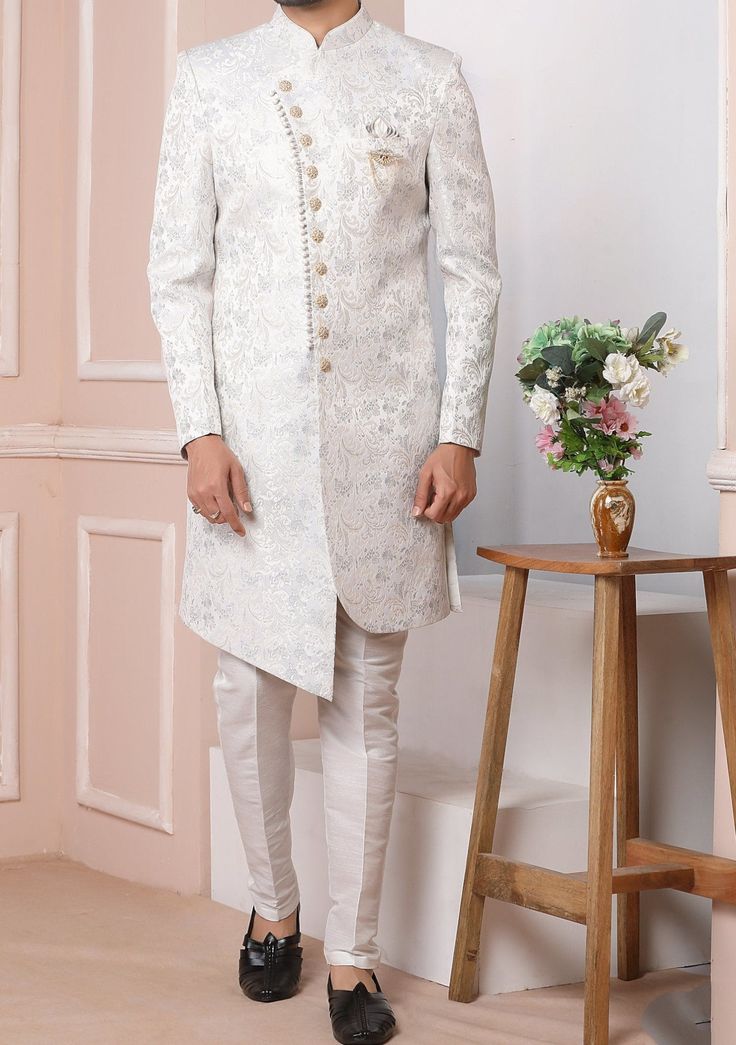 Men's Indo Western Party Wear Sherwani Suit - db20454 Designer Brocade Bandhgala With Chikankari Embroidery, Elegant Art Silk Bandhgala With Chikankari Embroidery, Designer Art Silk Sherwani With Chikankari Embroidery, Traditional Bandhgala With Chikankari Embroidery In Art Silk, Art Silk Bandhgala With Chikankari Embroidery For Eid, Art Silk Sherwani With Chikankari Embroidery, Straight Kurta, Art Silk Sherwani With Chikankari Embroidery, Chikankari Embroidered Art Silk Sherwani, Festive Brocade Sherwani With Chikankari Embroidery