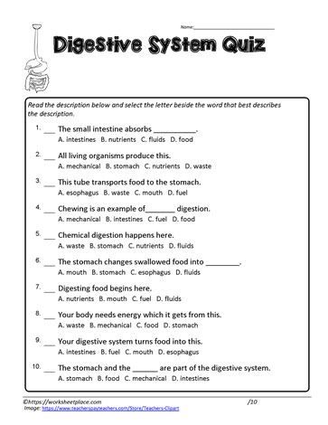 a worksheet for the digest system quiz