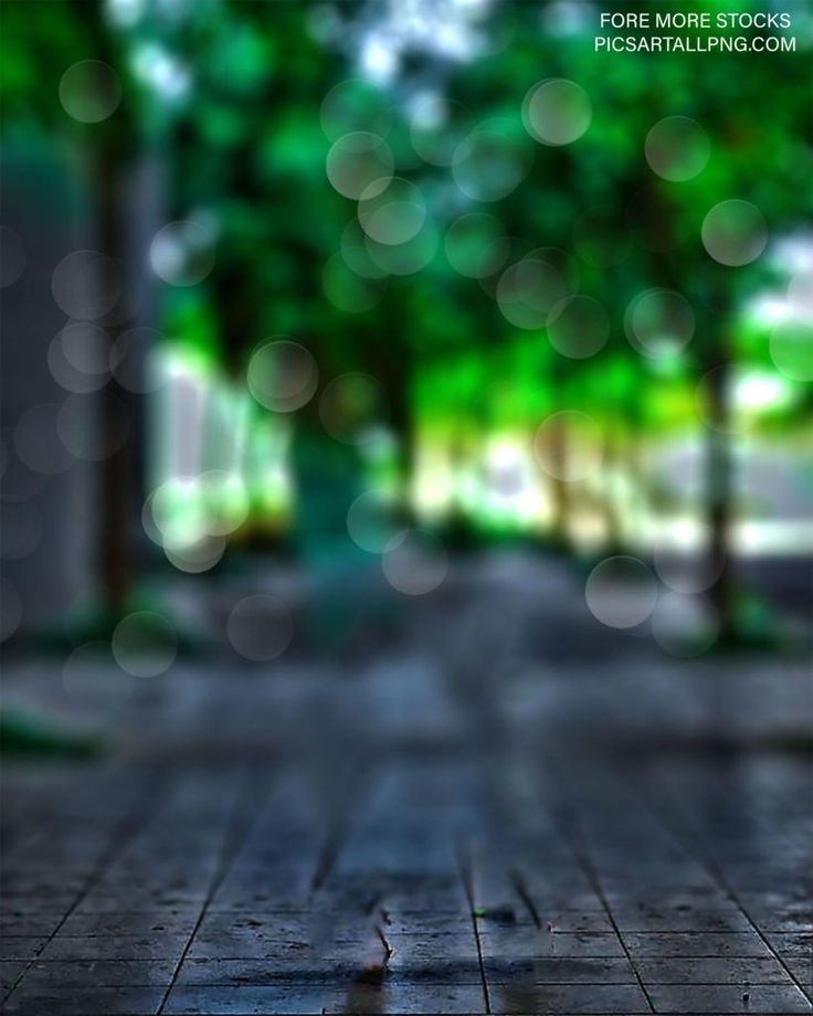 an empty wooden floor with blurry trees in the background