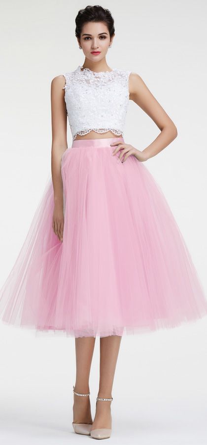 White Prom Skirt For Spring, Elegant Pink Prom Skirt, Pink Tulle Skirt Dress For Debutante Ball, Pink Tulle Dress For Debutante Ball, Pink Full Skirt Prom Dress, Pink Tea Length Dress For Wedding, Pink Midi-length Tulle Dress, Pink Tea-length Dress For Wedding, Pink Fitted Tea Length Evening Dress