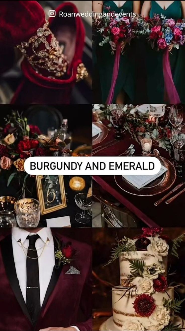 burgundy and emerald green wedding color palettes for the bride, groom, and guests