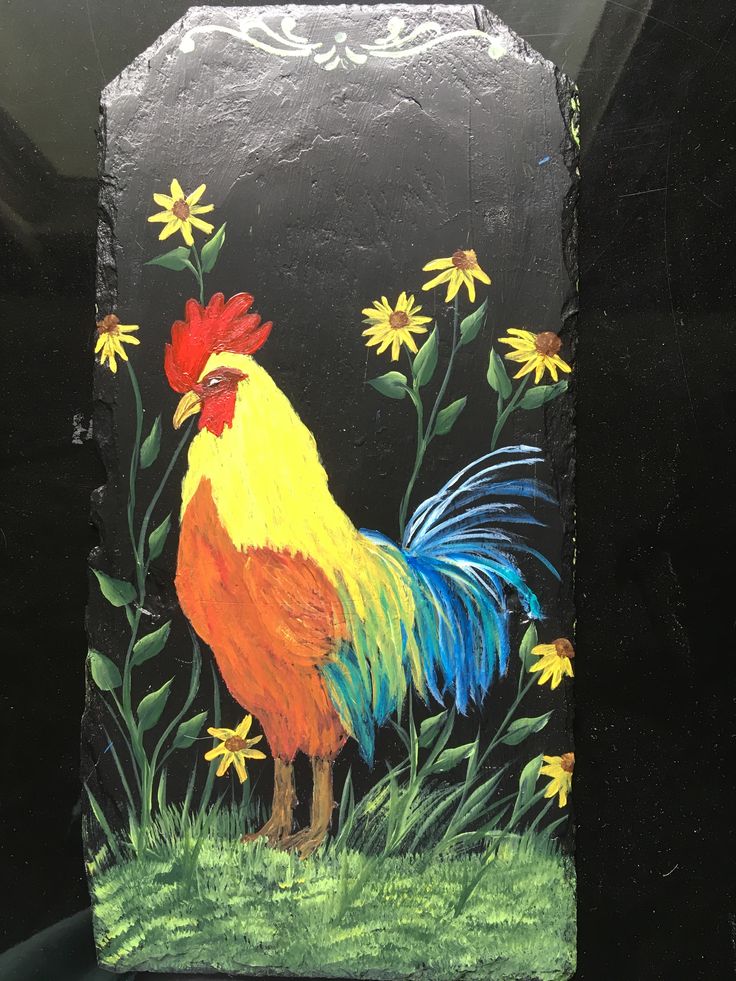 a painting of a rooster and daisies on a black background with green grass in the foreground