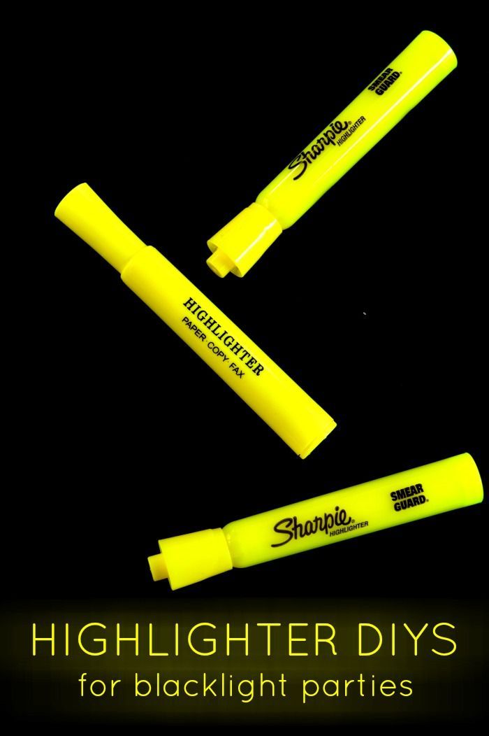 three fluorescent yellow highlightrs with the words highlightr diys for blacklight parties