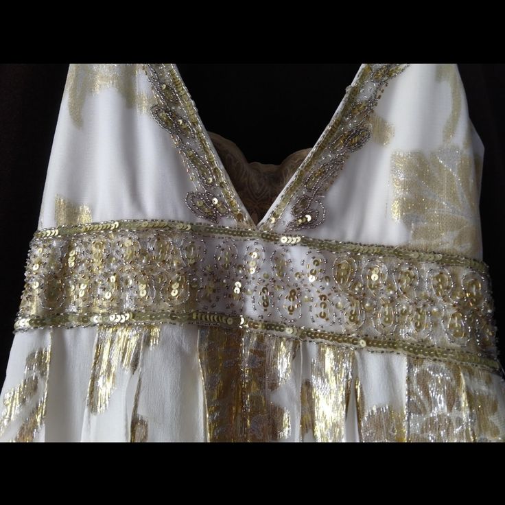 Sue Wong Nocturne Dress Cocktail Dress White Sheer Dress With Gold Beads Excellent Condition Festive Embellished White Dresses, Festive White Embellished Dresses, Glamorous White Silk Dress, White Silk Sequin Dress, White Silk Dresses With Sequins, White Embellished V-neck Dress, Glamorous White Festive Dress, Festive White Sleeveless Dress, Festive White Cocktail Dress