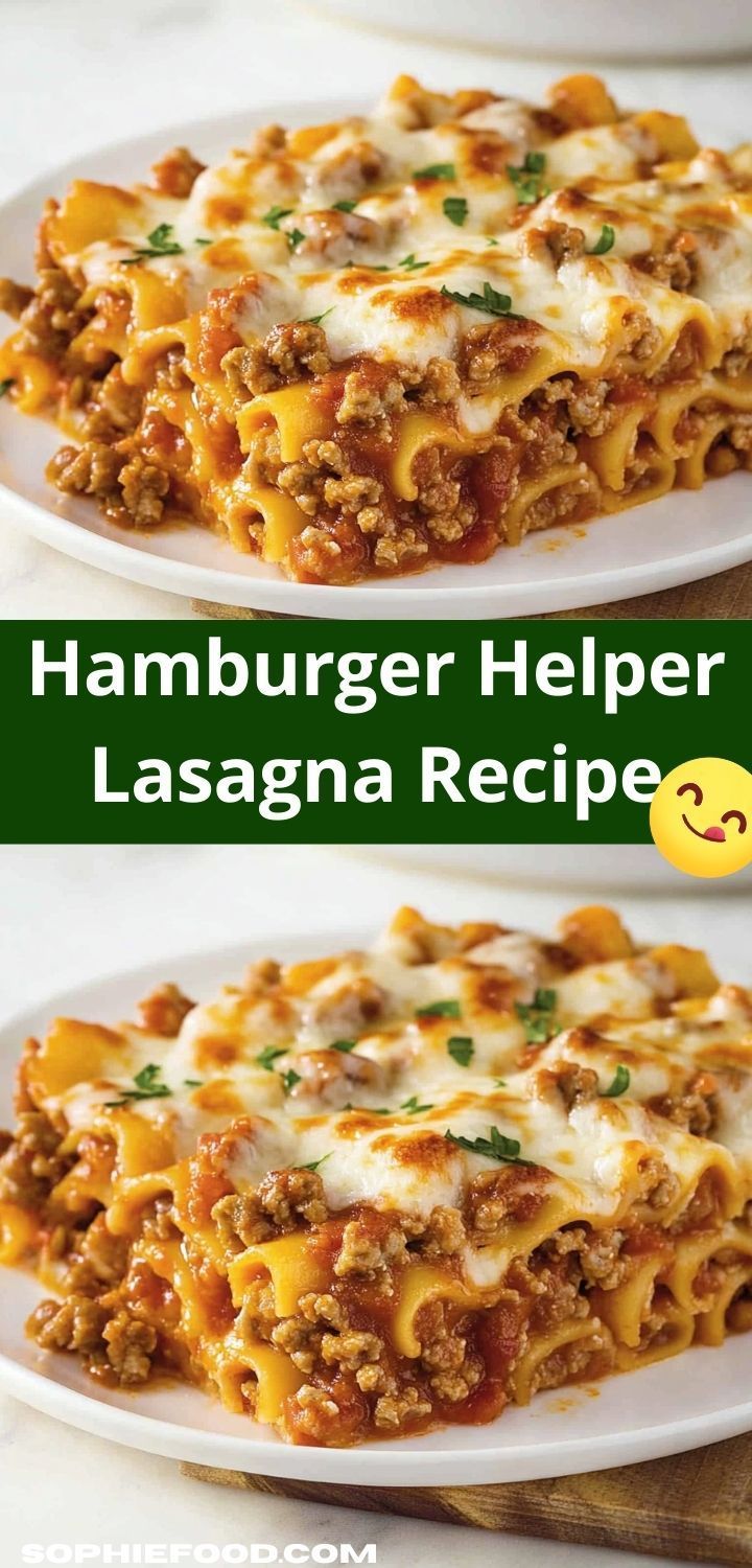 hamburger helper lasagna recipe on a white plate with the title above it