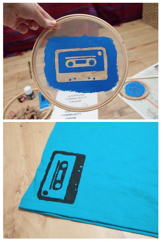 two pictures one has a tape recorder and the other is a t - shirt