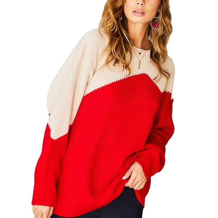 Red Contrast Round Collar Pullover Knit Sweater Red Oversized Crew Neck Sweater, Cozy Red Crew Neck Sweater, Red Knit Tops For Winter, Red Cable Knit Sweater For Fall, Red Crew Neck Knit Top, Red Knitted Long Sleeve Tops, Red Knit Color Block Sweater, Cozy Red Long Sleeve Sweater, Red Crew Neck Sweater With Textured Knit