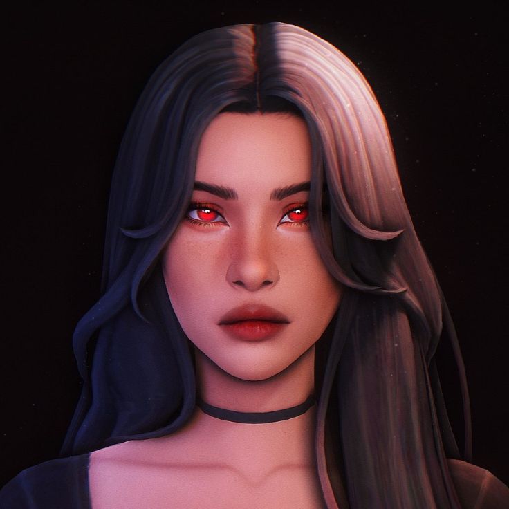 a digital painting of a woman with red eyes and long hair, wearing a choker