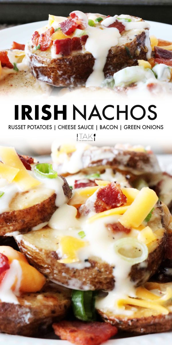 two plates with food on them and the words irish nachos written in white