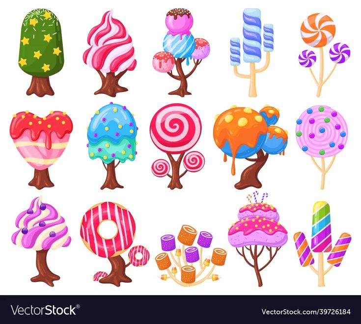 various candy trees and candies on a white background