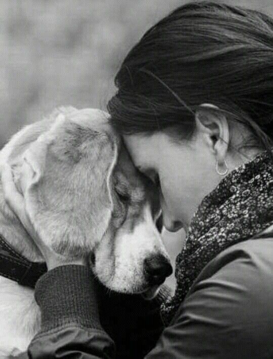 a woman hugging her dog on the forehead