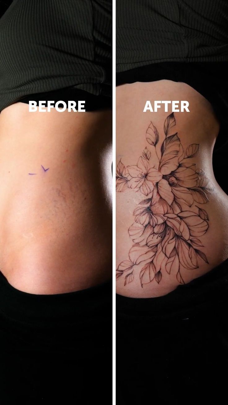 the before and after pictures of a woman's stomach with flowers tattooed on it