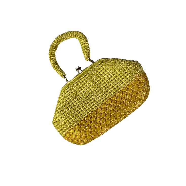 "Very good condition Likely, c 1960's. Vintage Yellow Crochet Top Handle Retro Handbag Bag Purse Made in Japan Label: Made in Japan.  Apx 13 1/2\" wide x 7 1/2\" tall, not including handle 4\" deep" Two Tone Crochet, Yellow Crochet Top, Embroidery Belt, Cotton Pencil Skirt, Yellow Crochet, Retro Handbags, Open Front Jacket, Vintage Purses, Fruit Pattern