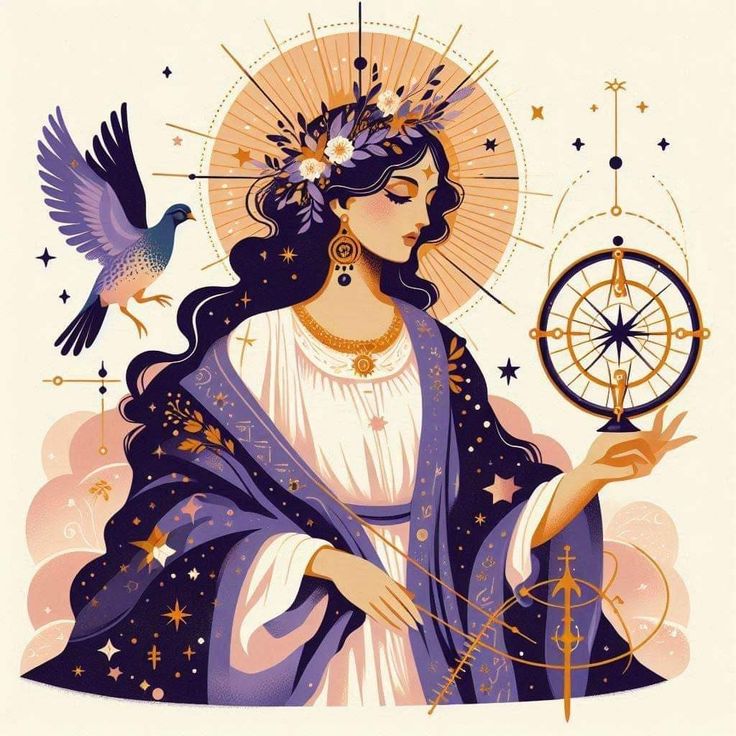 an image of a woman with a bird on her head and a compass in her hand